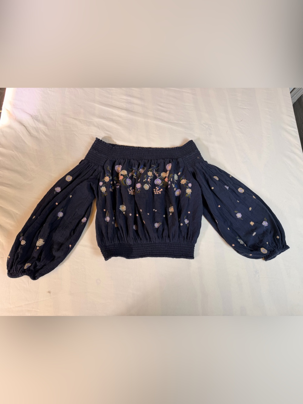 Free People Navy Off-Shoulder Floral Peasant Top